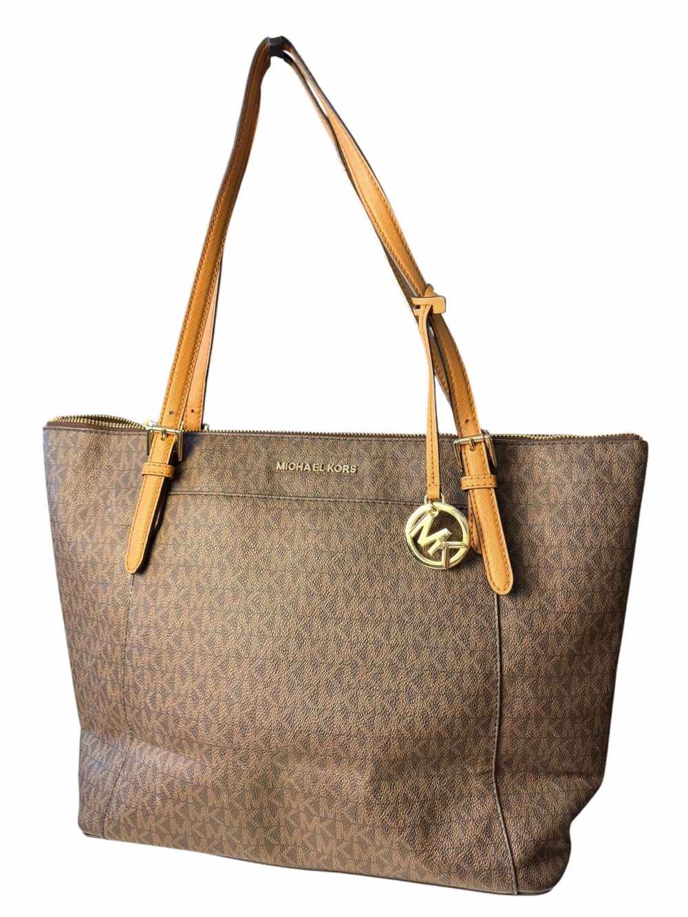 Michael Kors Jet Set Travel Large Top Zip Shoulder Tote Bag MK LOGO Brown Beige